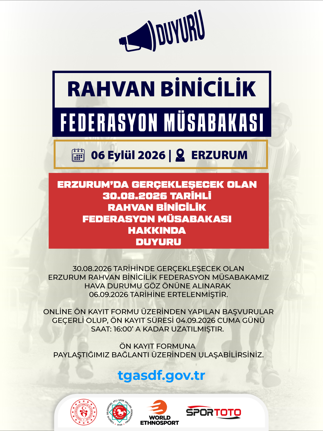 RAHVAN BİNİCİLİK FEDERASYON MÜSABAKASI | ERZURUM | 06 EYLÜL 2026 | Müsabaka Ön Kayıt Formu